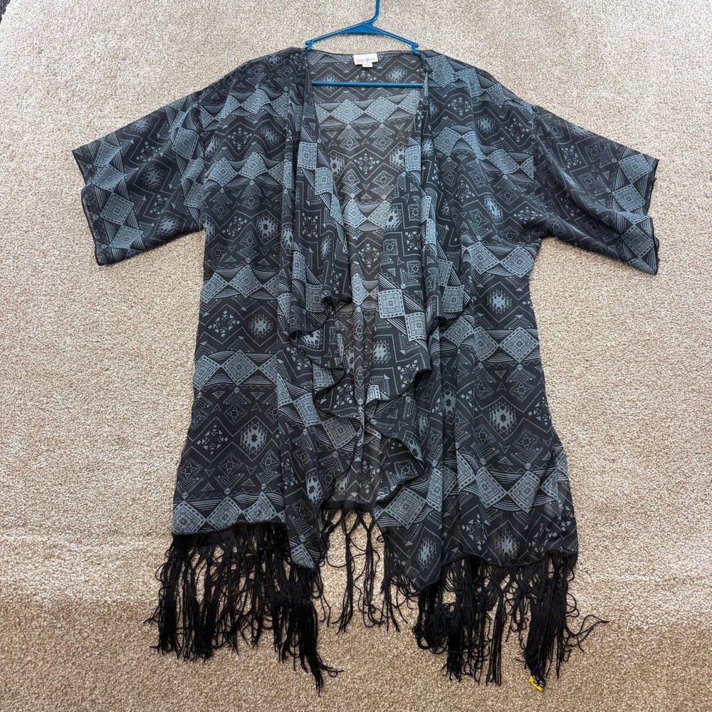 LuLaRoe Womens Large‎ Geometric Sheer Fringe Kimono Short Sleeve Black Gray Fall